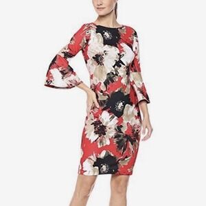 Calvin Klein Red Floral Bell Sleeve Stretch Crepe Sheath Dress Size 2